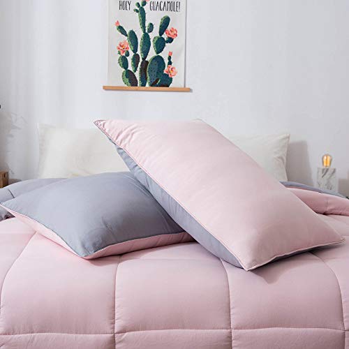 Domdec 3-Piece Down Alternative Quilted Comforter Set All Season Reversible Duvet Insert With 2 Standard Pillow Shams Machine Washable Light Weight(Full/Queen Set, Pink/Grey) #TOP4