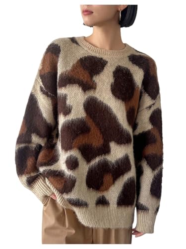 WDIRARA Women's Leopard Print Sweater Crew Neck Long Sleeve Pullovers Loose Knit Top - Main Image