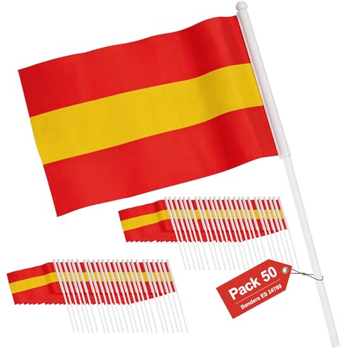 Gokoi, Pack 50 Unidades, Bandera de Mano España, Poliéster Resistente, Colores Vivos, Ideal para Eventos Deportivos, Celebraciones y Decoración, 21x14CM