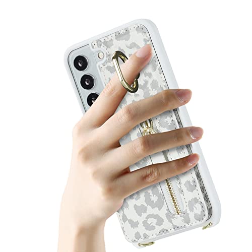 Jaorty Samsung Galaxy S21 5G Phone Case For Women With Card Holder,Samsung S21 Case Wallet Crossbody Lanyard With Strap,Credit Card Slots Kickstand Case With Ring Holder,6.2 Inch,White Leopard #TOP5