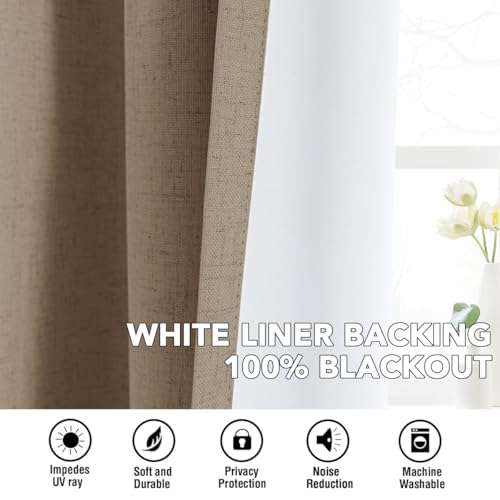 Image of H.VERSAILTEX Linen Curtains 100% Blackout Curtains for Bedroom 120 inch Long Full Light Blocking Nature Linen Blended Window Curtains for Living Room Nickel Grommet (2 Panels, Heathered Macchiato)
