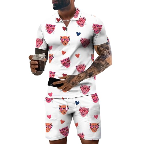Men's Short Sets Outfits 2 piece Printed Animals Summer Tracksuit Short Sleeve Polo Shirt and Short Sets Vacation Outfits