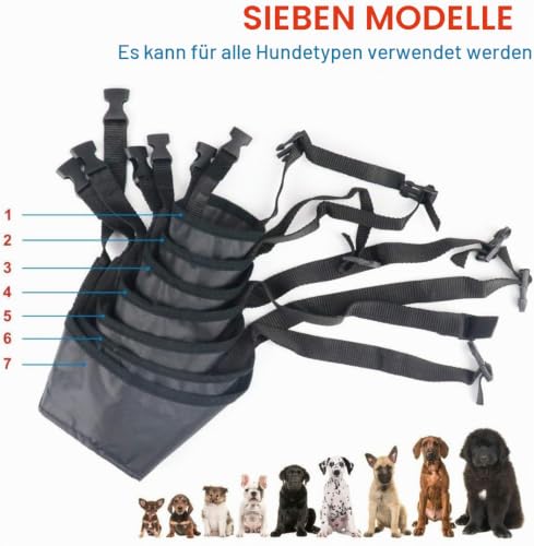 Amacoam Hund Maulkorb Nylon 7 Stück Einstellbare Atmungsaktive Sicherheit für Kleine, Mittlere und Große Hunde - Anti-Biss, Bellen, Kauen Schutz, Schwarz