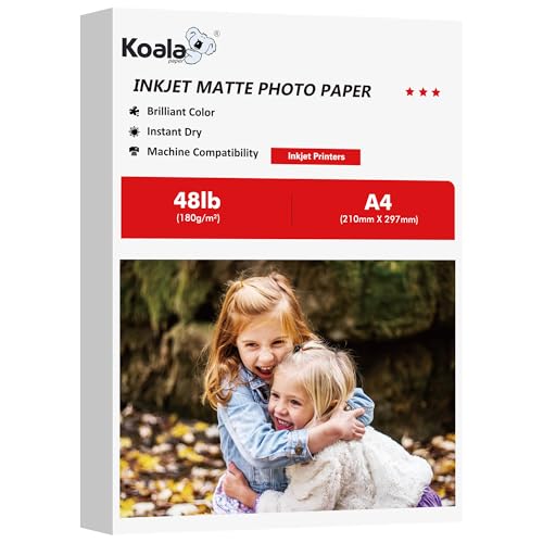 Koala Photo Paper Matte Coated A4 Size Compatible with Inkjet Printer 180GSM 48LB Presentation Paper 100 Sheets