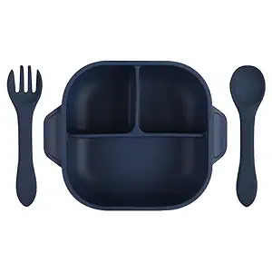 SPY KIDS Silicon Baby Feeding Bowl Set - 3 Compartment Bowl with Suction, Spoon, Fork, and Transparent Lid | Premium Food Grade Soft Silicone Tableware (Dark Blue)
