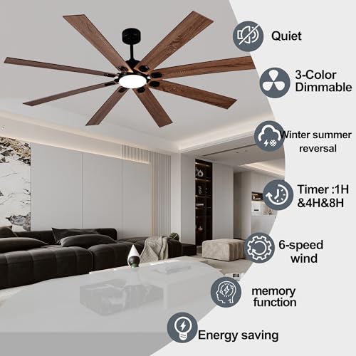 Fylokn 72 Inch Ceiling Fans with Lights and Remote Control, Black Indoor/Outdoor Ceiling Fan with Dimmable LED Light - 6 Speed Quiet Reversible DC Motor, 6 Blades for Large Bedroom Living Room Patio thumbnail 2