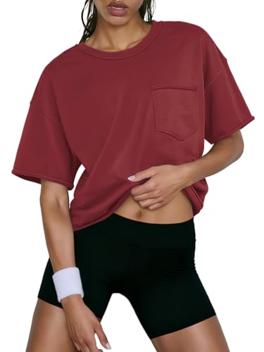 ATHMILE Womens Crop Tops Spring Summer Oversized T-Shirts Short Sleeve Workout Casual Drop Shoulder Basic Loose Tees 2026 WineRed