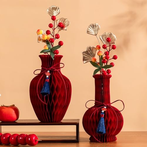 Vase en papier alvéolé rouge festif pour décoration de table de Noël et mariage
