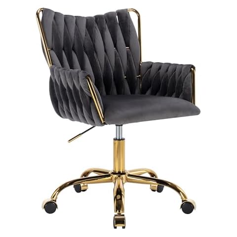 KCC Modern Velvet Home Office Desk Chair with Hand Woven Backrest, Upholstered Adjustable Makeup Vanity Chair with Armrest and Golden Metal Base with Wheels for Living Room Bedroom Study(Gray) Cover