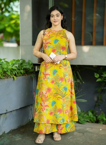 Image of Klosia Women Pure Cotton Kurta Palazzo Set | Sleeveless Printed Kurta with Palazzo Pants | Summer Friendly, Office Wear Co-Ord Set