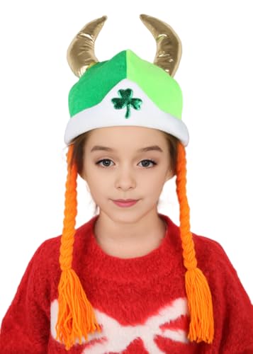 Chapeau viking irlandais avec tresses rousses bicolore vert et or