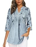 Flikity Ladies Tops 3/4 Sleeve Blouses for Womens UK Professional Work Tunics Tops Notch V Neck Dress Shirts Business Casual Tops Formal Attire No Wrinkle Grey Floral X-Large