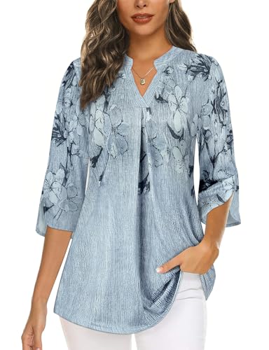 Flikity Plus Size Tops for Women UK 3/4 Sleeve Ladies Tops Work Office Clothes Dress Shirts Flowy V Neck Tunics Tops Dressy Formal Professional Ladies Blouses Grey Floral XX-Large