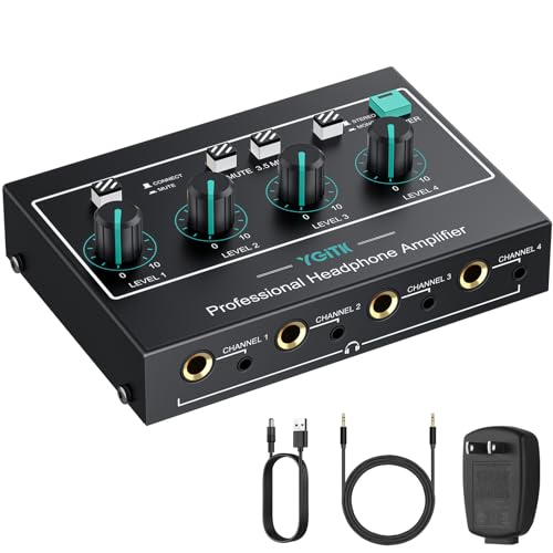 YGiTK 4 Kanal Ultra Metall-Stereo-Kopfhörerverstärker, Professionell Headphone Amplifier Mono/Stereo RCA 5mm&6.35mm Eingang/Ausgang mit Netzteil Audiokabel für kleine Clubs Bars Bühnenmixer