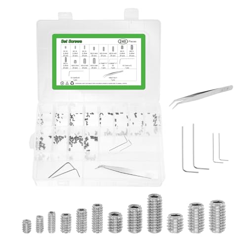 sourcing map Allen Head Socket Hex Grub Screw Assortment Kit, 240PCS M1.6/M2//M2.5/M3 304 Stainless Steel Internal Hex Drive Cup-Point Set Screws Assortment Kit