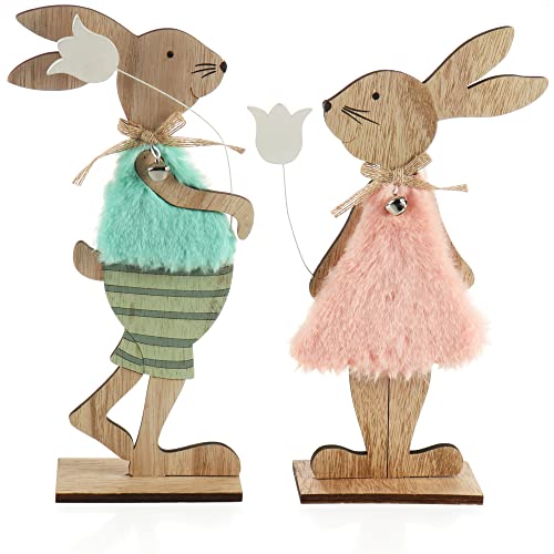 com-four® 2 x expositores decorativos para a Páscoa - casal de coelhinhos da Páscoa com flor - coelhos da Páscoa para colocar (2 peças - rosa/castanho claro)