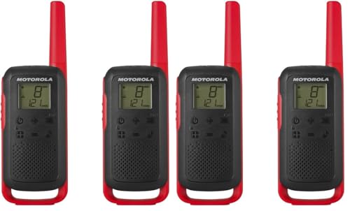 Motorola Solutions Two-Way Radio, 20 Mile Range, 22 Channel | T210 Talkabout | Rechargeable | 4 Pack | Black/Red