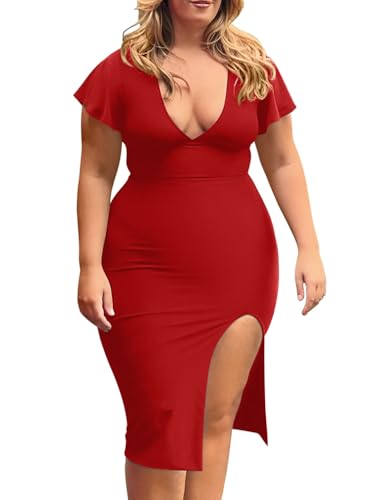 Image of LAGSHIAN Women's Plus Size Sexy Bodycon V Neck Ruffle Short Sleeve Split Hem Midi Pencil Dress Red