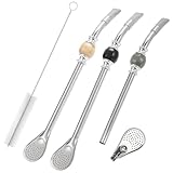 LayaVilla 3 Pack Bombilla Mate Straws with Removable Spoon Filter - 8.7' Stainless Steel Yerba Mate Gourd Straw with Cleaning Brush, Reusable Filtered Spoons for Loose Leaf Tea