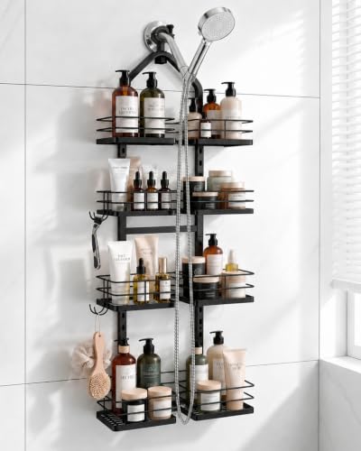 4-Tier Adjustable Hanging Shower Caddy for Handheld Showerhead, Black | Rustproof Shower Rack Baskets, Anti-Swing Hanging Shower Organizer for Bathroom Storage with 2 S-Hooks, Large Capacity