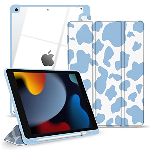Étui hybride fin pour iPad 9/8/7 génération 10,2 pouces avec coque transparente motif vache bleue