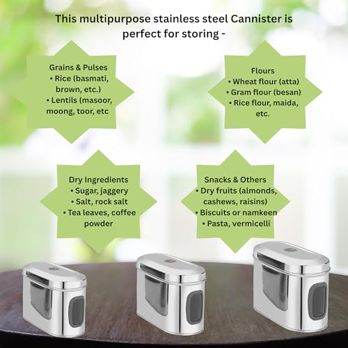 Image of Stainless Steel Capsule Food Canisters /Jars /Containers for Kitchen Storage with See Through Window - set of 3, 1350 /1850 /2350 ml capacity, Silver