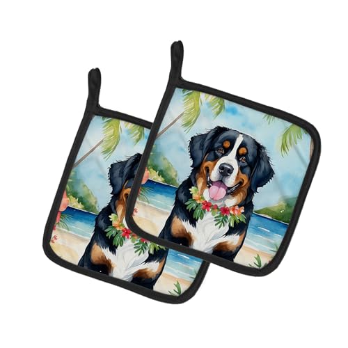 Caroline's Treasures Bernese Mountain Dog Luau Pair of Pot Holders Kitchen Heat Resistant Pot Holders Sets Oven Hot Pads for Cooking Baking BBQ, 7 1/2 x 7 1/2
