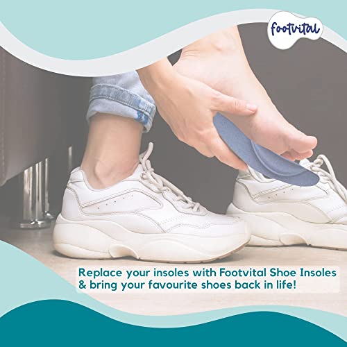 Image of Footvital Memory Foam Shoe Insoles for Men and Women | Soft Cushioned Inserts for Long Standing and Walking | Supports Heel and Arch | Shock Absorbing | Moisture Absorbing | Lightweight Washable Insoles for All Shoes | 2 Pairs | Blue | Size 9