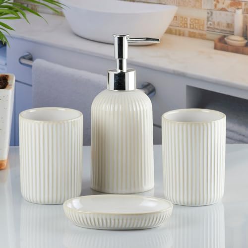 Image of SaSaSa Ceramic Bathroom Accessories Set of 4 Modern Bath Set with Soap Dispenser & Toothbrush Holder, Luxury Home & Gift Idea, Beige (8229)