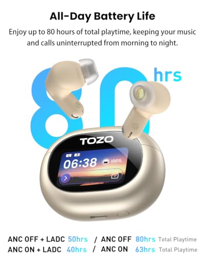 Image of TOZO NC20 Pro Active Noise Cancelling Wireless Earbuds with Smart Touch Screen, LDAC Hi-Res Audio, Stereo Bass, 6 Mics AI Call Ear Buds, 80H Playtime, IPX8 Waterproof, 32 EQ via App, Wireless Charging
