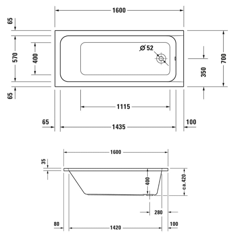 BAIGNOIRE D-CODE 160X70 BLANC AVEC PIEDS DURAVIT