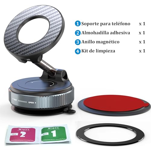 Miniatura 7 de Plusacc Soporte Móvil Coche Ventosa Magnético 360 De Vacío Instalación En Un Segundo, Compatible Con Iphone 12 13 14 15 16 17, Universal Con Anillo Magnético, Para Salpicaderos Y Parabrisas