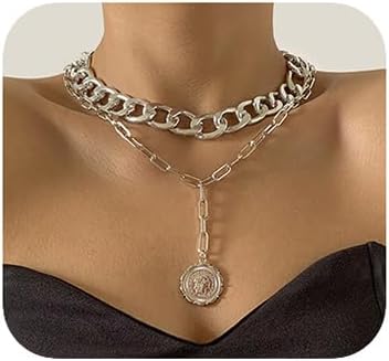 JWICOS Delicado collar de cadena cubana de plata en capas para mujer, colgante de moneda bohemia, collar grueso para mujer (plata)