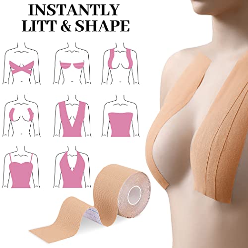 Boob Tape, Replace Your Bra-Instant Breast Lift Tape For A-E, Bob Tape For Breast Lift With 1 Breast Tape, 5 Pairs Satin Breast Petals, 1 Pair Silicone Nipple Stickers, 10 Pcs Double Side Tape (2Inch) #TOP6