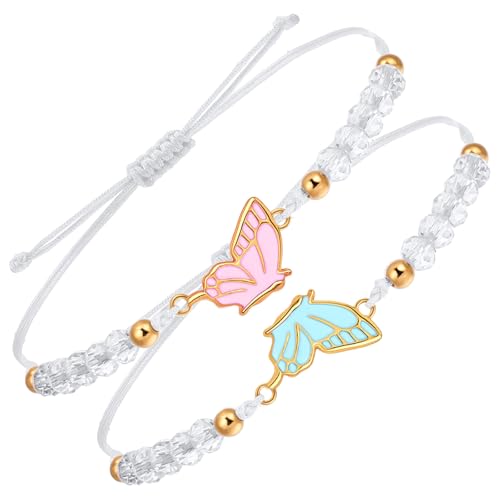 2pcs Matching Bracelets, Butterfly Friendship Bracelets Adjustable Strand Best Friends Bracelet BFF Bracelet, Handmade Charm Couples Jewelry Gifts for Women Couples Friend (Pink + Blue)