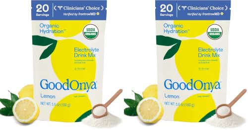 Image of GoodOnya Organic Hydration Electrolyte Drink Mix, Certified Organic Hydration Powder, Non-GMO, Biochecked Glyphosate Free, Low Sugar, Lemonade Flavor, No Artificial Flavors, 20 Servings (Pack of 2)