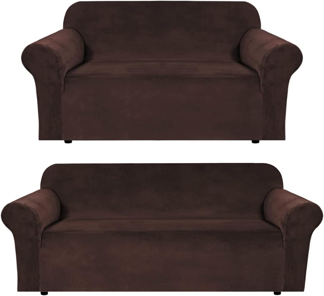 Velvet Stretch Sofa Cover Couch Covers Sofa Covers for 3 Cushion Couch (72"-96", Chocolate) Bundle Sofa Cover Loveseat Velvet Stretch Sofa Covers for 2 Cushion Couch (Chair 58"-72", Chocolate）