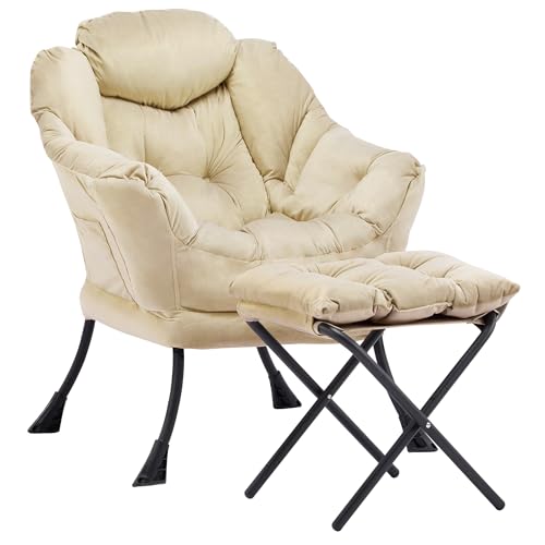 Aunekiv Lazy Chair with Ottoman, Comfy Reading Chair, Khaki
