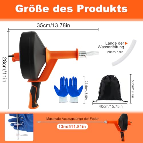 Rohrreinigungsspirale 13M, Abflussreiniger Spirale für Rohrreinigung, Wiederverwendbar Abflussspirale Rohrspirale mit Wasserdichte Handschuhe,Kann an eine elektrische Bohrmaschine angeschlossen werden
