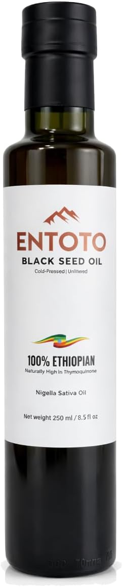 Entoto Premium Ethiopian Black Seed Oil - 100% Pure Cold Pressed Nigella Sativa - Unrefined Food Grade - Glass Bottle - 8.5 fl oz
