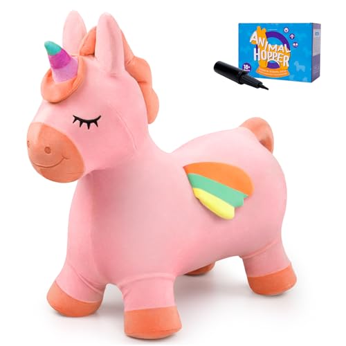 U&C Planet Pink Unicorn Bouncy Horse for Toddlers, Bouncy Animals for Toddlers, Animal Hopper Bouncing Toys Gift for 18 Months 2 3 Years Old Outdoor Indoor with Pump