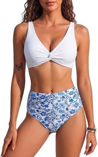 HORISUN Bikini Damen Set Bauchweg Sexy High Waist Zweiteiliger Badeanzug | V-Ausschnitt,Twist-Design,Verstellbare Träger,Rücken-Schleife,Retro-Stil,für Pool & Strand
