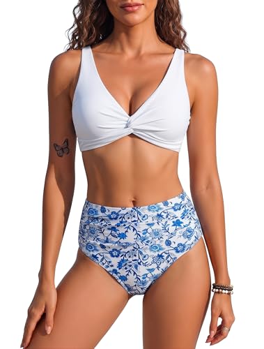 HORISUN High Waist Bauchweg Bikini Set für Damen mit Twist Front V Ausschnitt gepolsterten Einlagen Raffungen Rückenbindung verstellbaren Trägern Zweiteiliger Badeanzug ohne Bügel