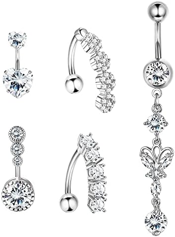 5Pcs 14G Belly Button Rings for Women Stainless Steel Reverse Dangle Belly Rings Sparkly CZ Navel Belly Piercing Jewelry