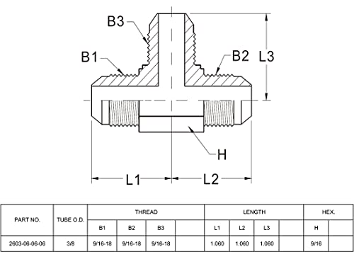 Image of (4-PACK) 2603-06-06-06 Hydraulic Adapter Fitting 3 /8 inch Male JIC 37(9 /16 inch-18UNF)x 3 /8 inch Male JIC 37(9 /16 inch-18UNF)x 3 /8 inch Male JIC 37(9 /16 inch-18UNF)Tube UnionTee Joiner Elbow /Corner Carbon Steel