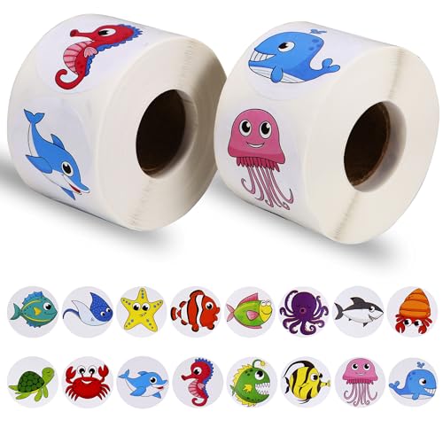 Autocollants Animaux Marins, 1000pcs Autocollants d'Animaux de l'Océan Rouleau, Stickers Autocollant Marin, Sticker Récompense Marins, Gommettes Thème Animauxs Marin, Autocollant Animauxs