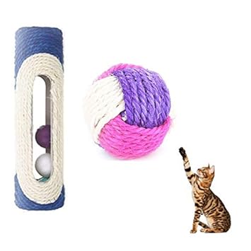 Kiki N Pooch Cat Playing Toys - | Knitted Ball | Long Scratcher with Ball | Cat and Kitten Toys - Combo of 2