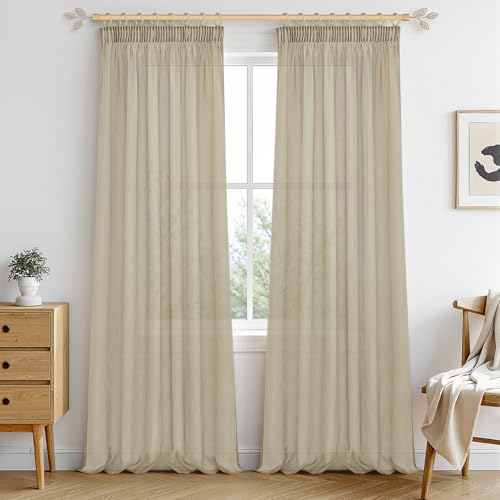 MRTREES Gardinen mit Kräuselband Stores Gardinen Beige kurz transparent 245X140cm (HXB) Schlaufenschals 2er Set Vorhänge in Leinenoptik für Wohnzimmer Schlafzimmer Mädchen Jugend Curtains