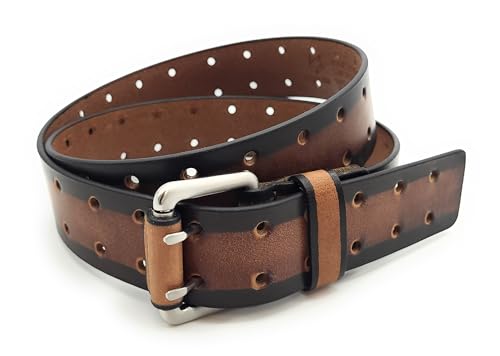 Lemasi Büffelvollleder Gürtel 42mm Unisex kürzbar – Vintage Bicolor Schwarz-Braun – Doppel-Dornschließe – Echtleder Gürtel für Herren & Damen – Jeans & Business (Tan, 110)