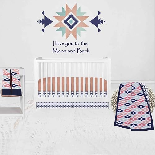 Bacati - Aztec Print Emma Coral Mint Navy 4 pc Crib Bedding Set with Diaper Caddy